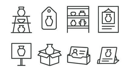 Line style icons of ceramic exhibition and sales: pottery display stand, price tag label, gallery shelf view, open studio flyer, ceramics show sign, customer pickup box, business card holder, exhibit