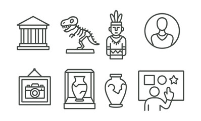Line style icons of museum types and collections: fine art museum icon, natural history dinosaur, science and tech display, ethnographic figure, fashion exhibition badge, photography hall, archeology