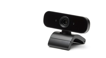 A black webcam with lens centered on a stand against a plain white background in a studio shot