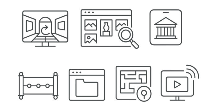 Line style icons of digital and online exhibits: virtual tour screen, online gallery grid, zoomable art detail, museum app icon, digital timeline scroll, online archive file, interactive floorplan,