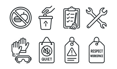 Line style icons of studio safety and care: no food sign, proper disposal bin, cleaning schedule board, shared tool rules, gloves and goggles icon, quiet hour sign, storage label warning, respect