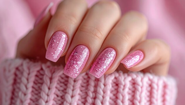 Sparkling pink nails adorned with glitter shimmer against a cozy, textured knit sweater, evoking a festive and playful winter mood.