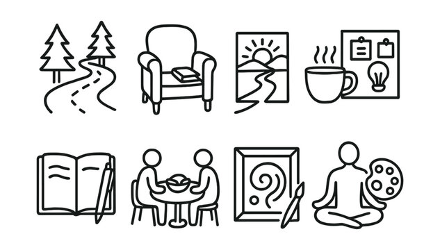 Line style icons of creative retreat activities: forest walk trail, quiet reading chair, sunrise sketch path, coffee and idea board, reflective notebook, shared experience meal, slow art day icon,