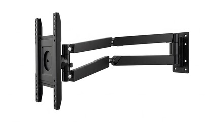 A black tv wall mount with articulating arms extending from a mounting plate on a white background