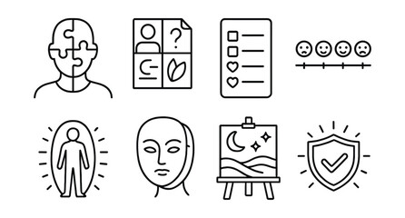 Line style icons of identity and self-expression: self-portrait puzzle, “who I am” collage icon, values sketch list, timeline of feelings, personal space drawing, identity layers mask, “my inner
