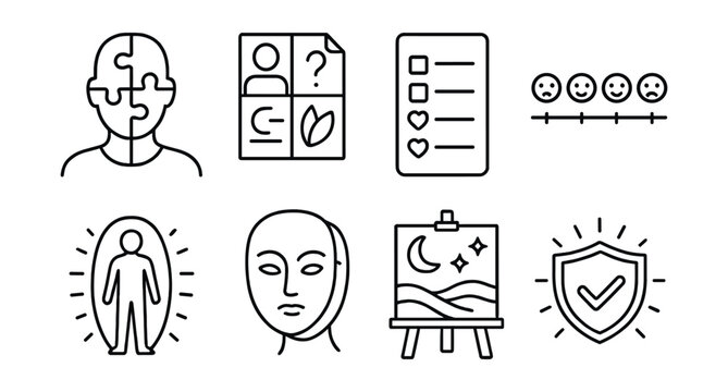 Line style icons of identity and self-expression: self-portrait puzzle, “who I am” collage icon, values sketch list, timeline of feelings, personal space drawing, identity layers mask, “my inner