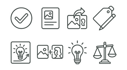 Line style icons of reference and originality balance: “ref used” badge, source noted card, redraw with twist icon, inspired-not-copied tag, remix idea sketch, base + own style frame, original idea