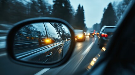 Close-up of a car is side mirror with a reflection of speeding cars and the road behind