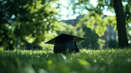Graduation Cap in Green Grass Summer Sunlight Academic Achievement Success Education Ceremony Green Nature Background Outdoors University College Diploma Graduation Day Festive    