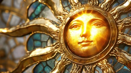 Fototapeta premium Golden sun face art with mosaic background
