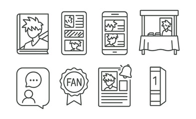 Line style icons of manga publication and sharing: printed tankoubon volume, web manga scroll view, online reading app, manga convention booth, reader comment icon, fan translation badge, page update