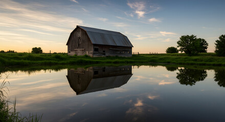 Obraz premium Reflections Of An Old Barn At Peaceful Rural Sunset Tranquility