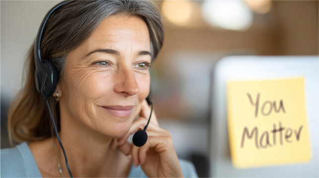 Compassionate crisis helpline worker providing support and comfort on call