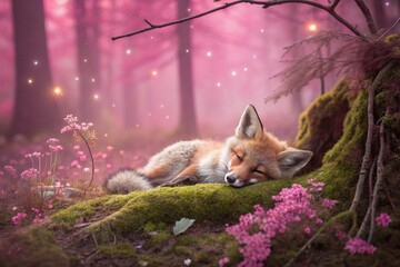 Sleeping Fox Kit in a Magical Pink Forest - generated by ai