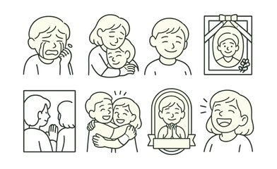 Line style icons of emotional fanart: crying character sketch, comforting hug scene, bittersweet smile, memory tribute page, goodbye frame, reunion panel, “thank you” message badge, joy-filled laugh