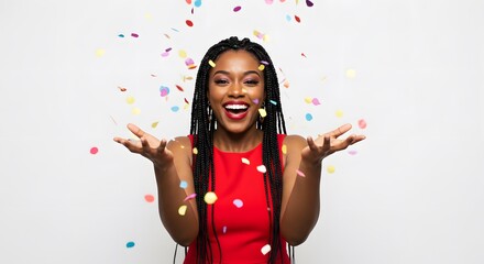 Obraz premium A smiling woman with braids in a red dress throwing confetti against a white background in celebration
