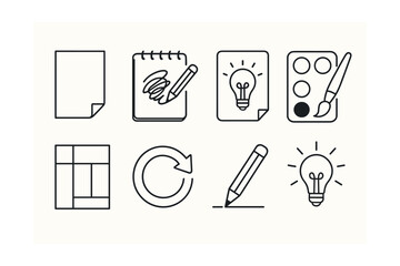 Line style icons of creative process stages: blank page moment, sketch + scribble, idea forming sketch, color trial icon, layout composition grid, feedback loop arrow, revision pencil icon, creative