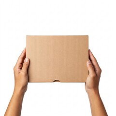 Hands holding a rectangular cardboard box on a white background from above