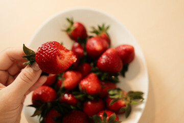 A bitten strawberry held in hand above a white bowl filled with fresh strawberries, highlighting juicy texture, vibrant red color, and freshness of the fruit. First person view.