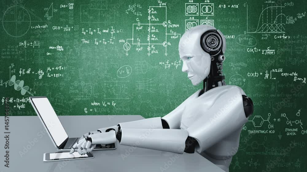 Poster robot hominoid use laptop and sit at table for engineering science studying using ai thinking brain 
