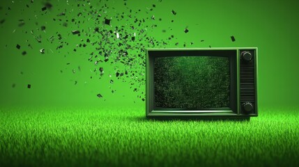 Retro television on green lawn with static screen and falling confetti