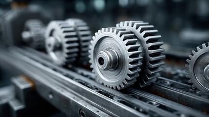 Fototapeta premium Machinery system with interconnected gears and rotating parts, highlighting the mechanical power behind industrial work