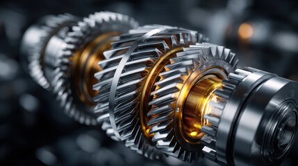 Close-up of a high-tech gearbox with polished metal gears, showcasing precision engineering and technological advancement
