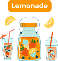 Lemonade banner with jar and two glasses