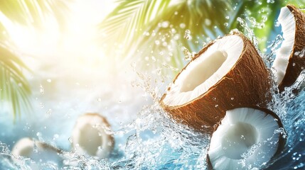 Refreshing coconut halves splashing in tropical blue water with palm leaves food fruit ocean drink