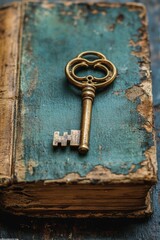 soft-focus close-up of vintage brass key resting on aged book cover warm golden hues delicate textures soft shadows evoking nostalgia and warmth 