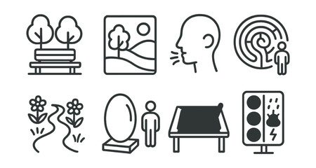 Line style icons of mental wellness in public spaces: calm zone bench, green view space, “quiet here” icon, park labyrinth walk, mood garden trail, reflective sculpture space, open air journaling