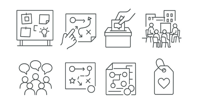 Line style icons of co-creation of care: public idea wall, participatory plan sketch, youth voice voting box, workshop in the square, feedback from everyone icon, plan with stickers sheet, city