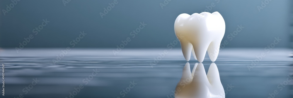 Poster Reflection of a White Ceramic Implant Tooth on a Smooth Surface With a Soft Blue Background Generative AI