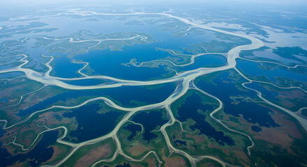 Naklejka premium Aerial Landscape Displaying River Delta Forming Intriguing Water Patterns