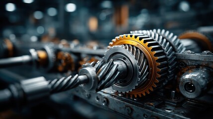 Fototapeta premium Mechanical equipment with rotating metal gears and steel parts, demonstrating the energy behind a powerful industrial motor