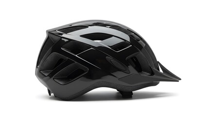 Fototapeta premium Isolated studio shot of a sleek black bicycle helmet with ventilation holes and a visor on white