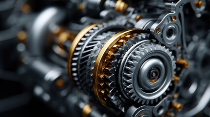 Fototapeta premium Detailed view of car engine with visible gears and mechanical parts, highlighting the power of modern automotive design