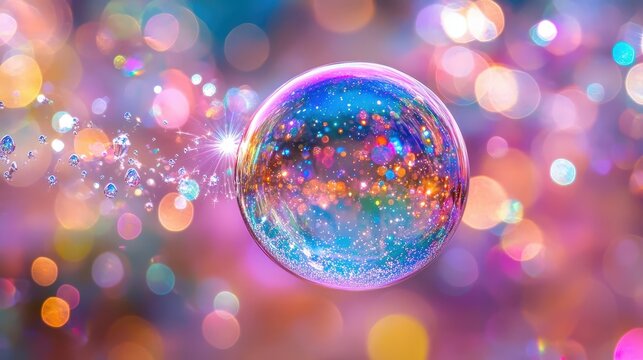 Colorful bubble surrounded by sparkling lights in a vibrant setting, capturing magic and joy in a playful moment.