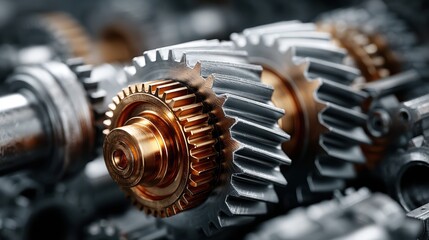 Close-up of a steel gearbox with intricate gears working together, demonstrating the mechanical elegance of industrial machinery