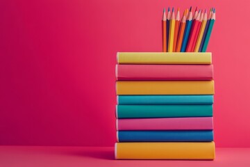 Fototapeta premium stack of colorful notebooks with perfectly arranged pencils on top, vibrant and visually appealing, ideal for school and education-themed designs 