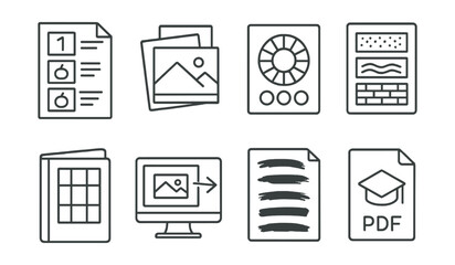 Line style icons of art education resources: step-by-step tutorial sheet, reference photo pack, color theory chart, printable texture library, composition guidebook, online gallery tour icon,