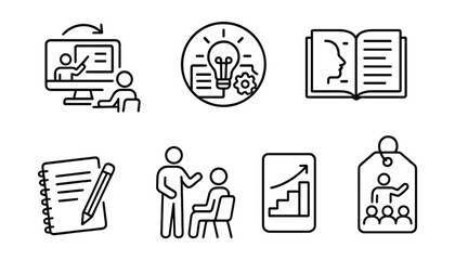 Line style icons of creative teaching methods: flipped classroom icon, project-based badge, play and explore board, story-based learning frame, reflective journal task, one-on-one demo, skill ladder