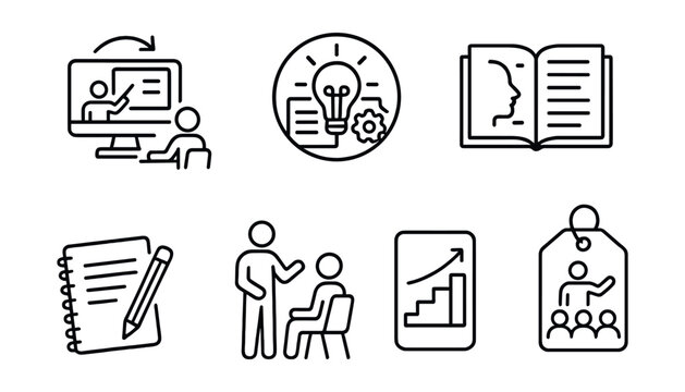 Line style icons of creative teaching methods: flipped classroom icon, project-based badge, play and explore board, story-based learning frame, reflective journal task, one-on-one demo, skill ladder
