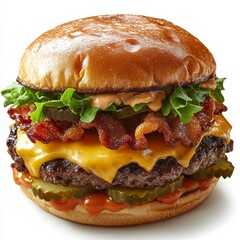 stacked juicy double cheeseburger with crispy bacon melted cheese fresh lettuce and pickles in a toasted brioche bun soft warm lighting clean white background 