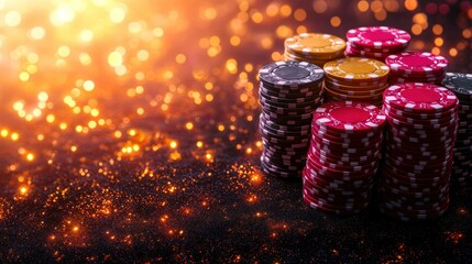 Poker chips stacked high against a backdrop of glittering lights