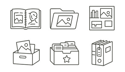 Line style icons of visual reference libraries: open sketchbook archive, digital image folder, shelf with art books, moodboard wall icon, photo reference box, thematic inspiration file, collection