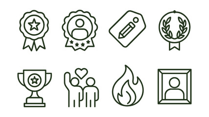Line style icons of creative awards and recognition: “featured artist” ribbon, people’s choice badge, creative courage tag, festival contributor pin, young talent award, community spirit icon,