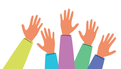 Hands raised up. Colorful silhouettes of diverse people. Cartoon style illustration of voting, support, diversity, unity, and equality. Isolated on white background.
