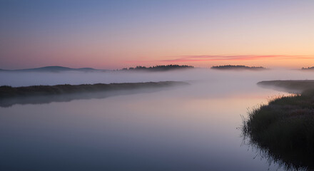 Tranquil Morning Mist Envelopes A Serene Landscape At Dawn
