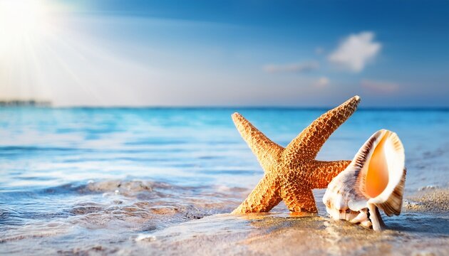 starfish and seashell on the summer beach in sea water summer background